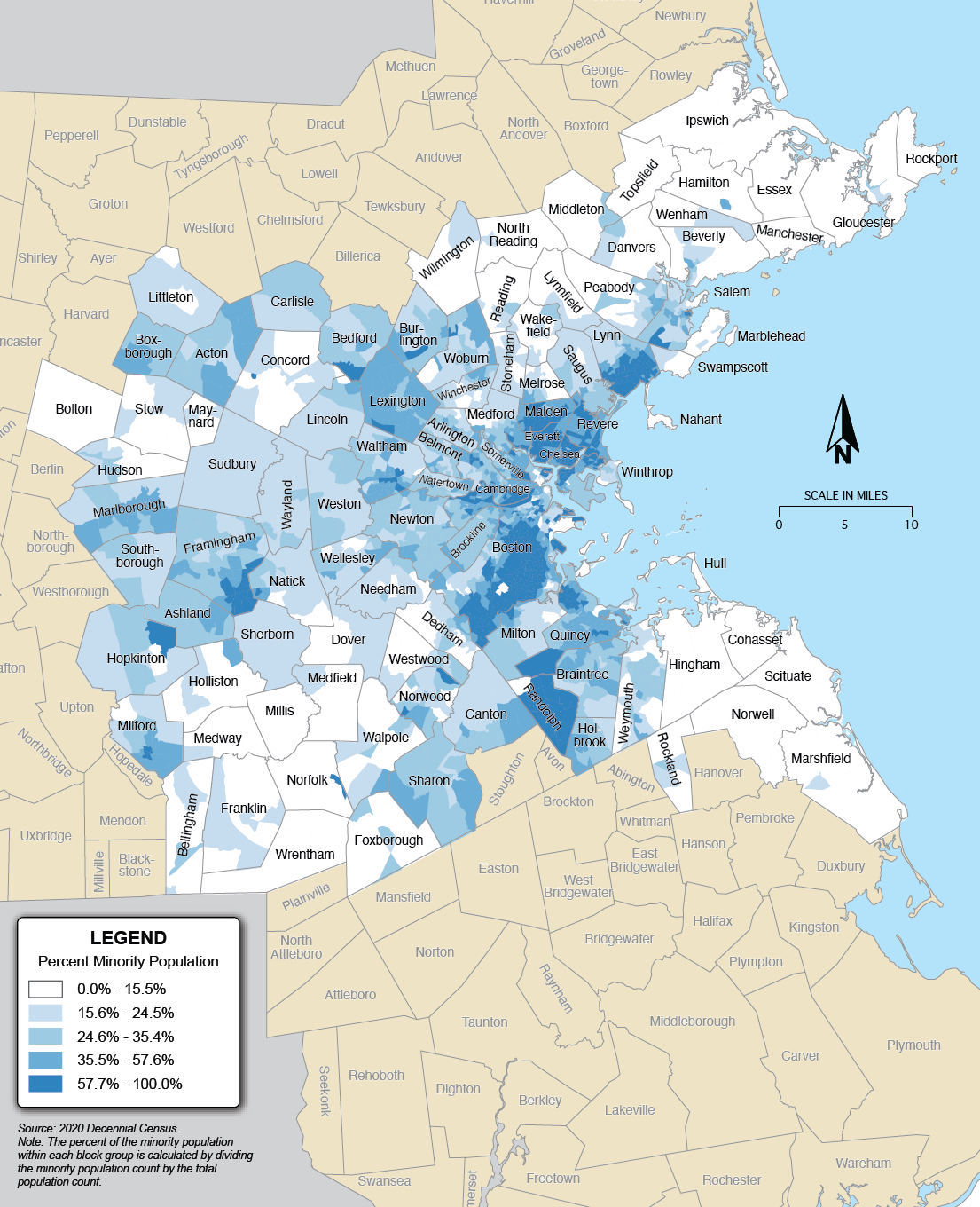 A map illustrating the percentage of minority population in the Boston Region. A map illustrating the percentage of minority population in the Boston Region.